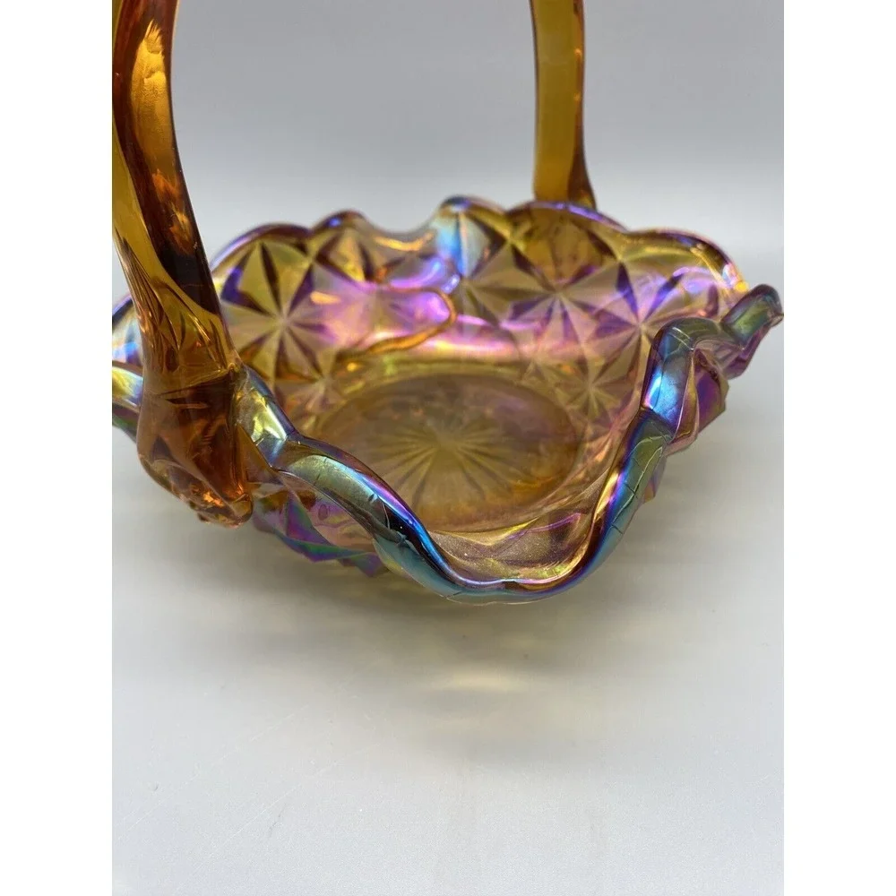 Vintage Indiana Glass Monticello Yellow Mist‎  Carnival Glass Basket With Handle